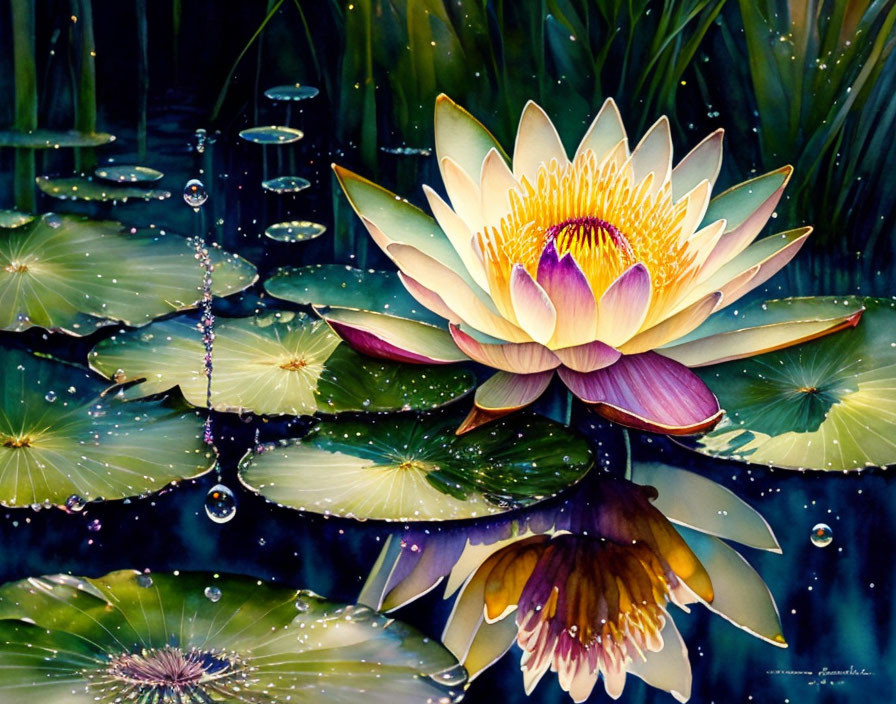 Vibrant watercolor painting: Blooming lotus flower on calm water