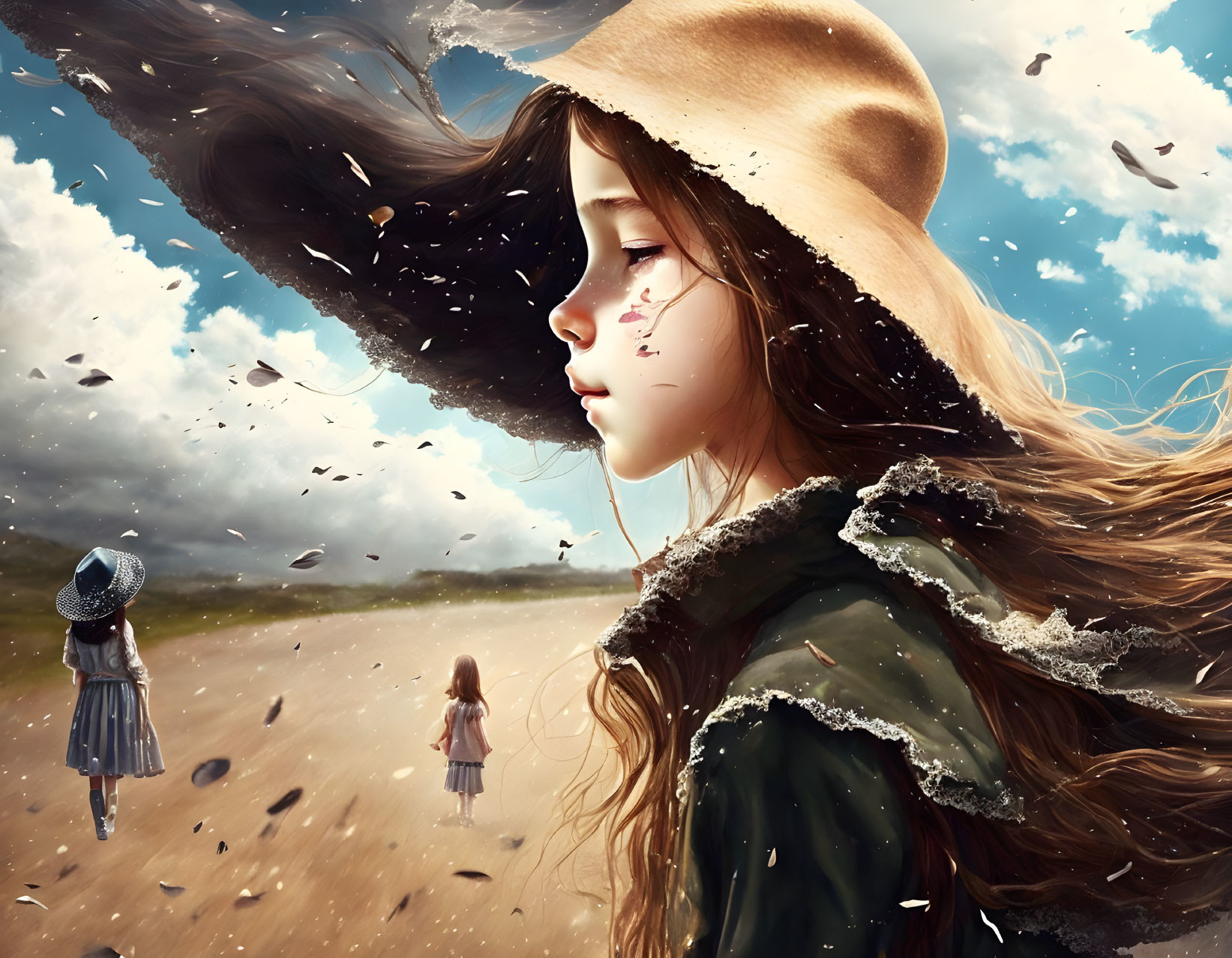 Three girls in windy field with one in hat and coat