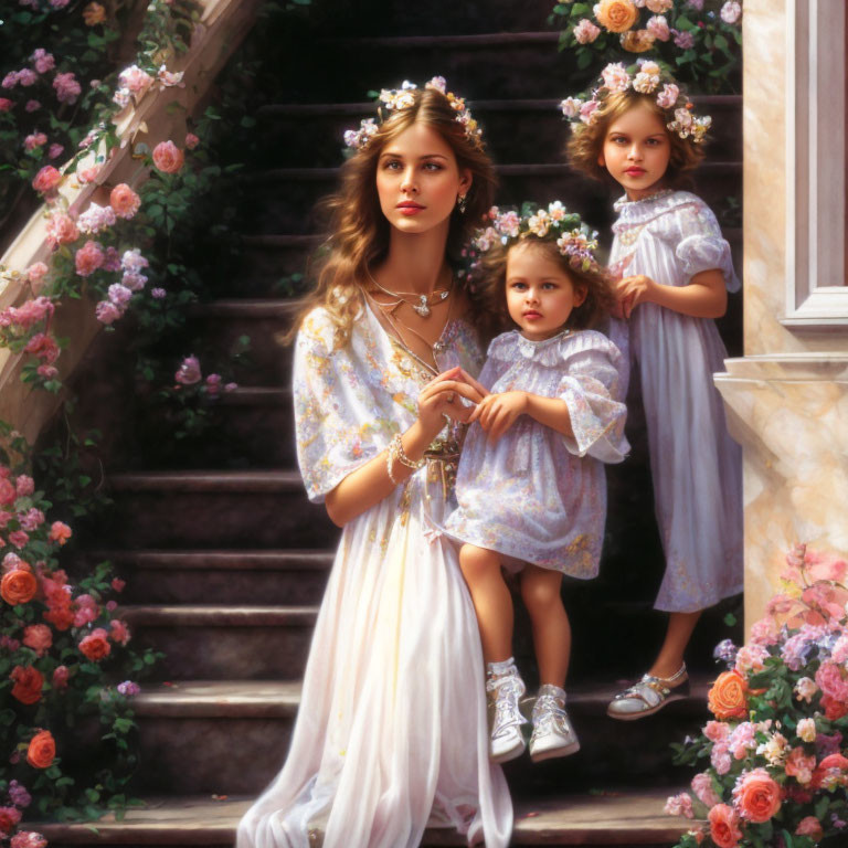 Woman and two girls in floral crowns and ethereal dresses on flower-lined staircase