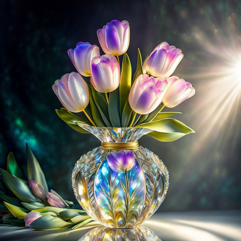 Purple and White Tulips in Crystal Vase with Sunbeam on Dark Background