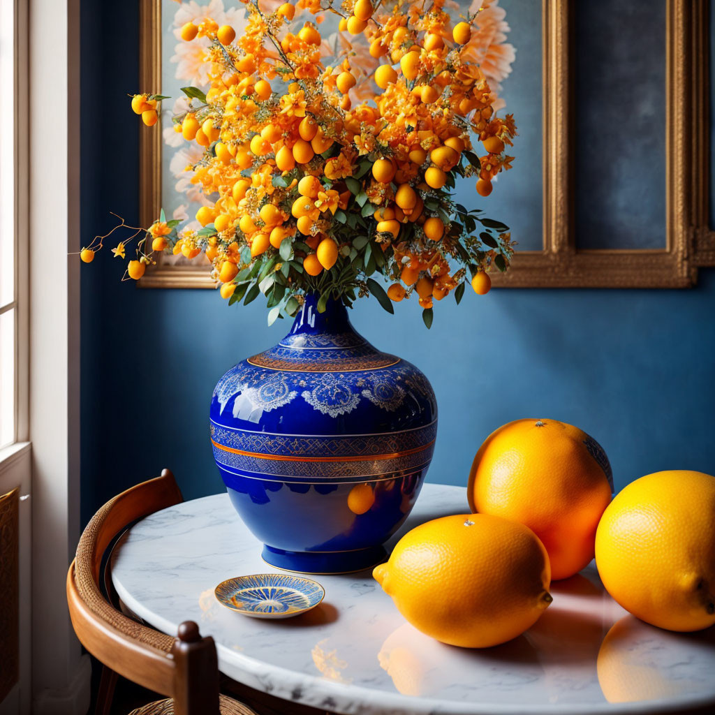 Blue Vase with Orange Blossoms and Citrus Fruits on Marble Table