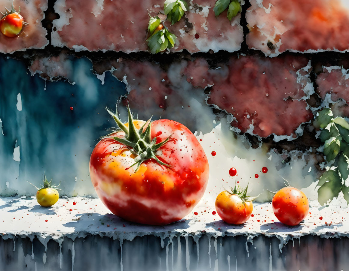 Colorful Watercolor Painting of Ripe Tomatoes on Textured Surface