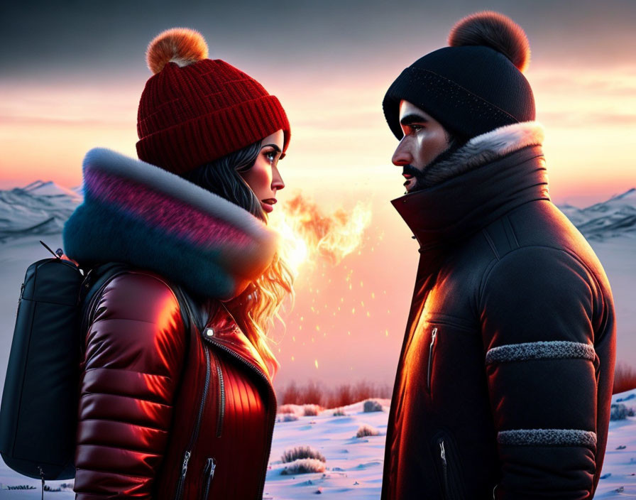 Two individuals in winter clothing with snowy mountain backdrop