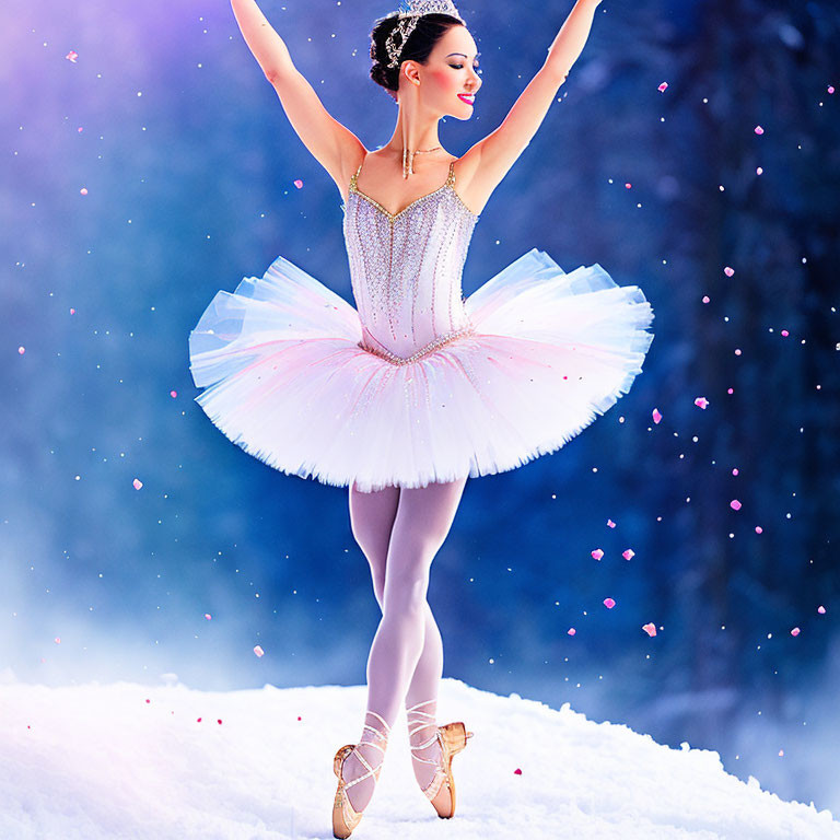 Ballerina in White Tutu En Pointe Amidst Snowflakes