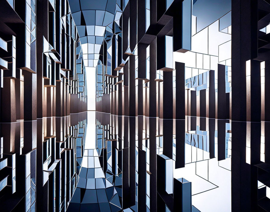 Symmetrical geometric shapes in mirrored architectural interior