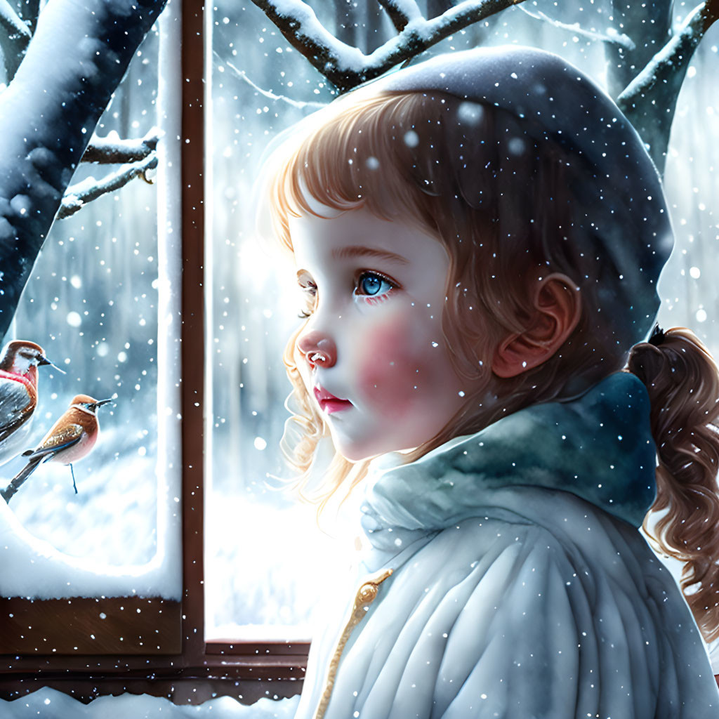 Young girl admires sparrows on snowy branch through frosty window