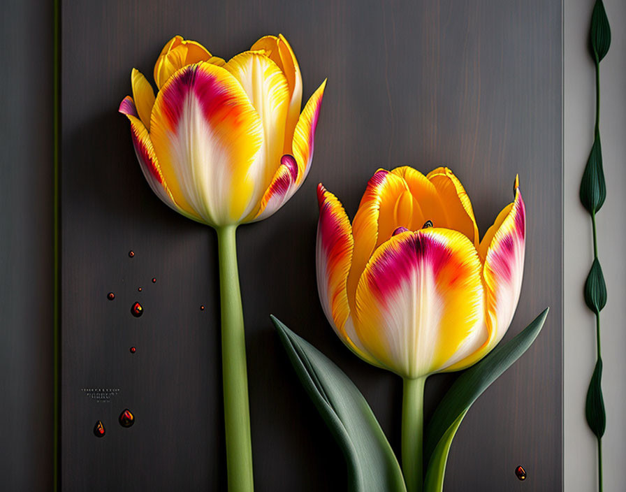 Vibrant yellow and red striped tulips with green leaves on gray background.