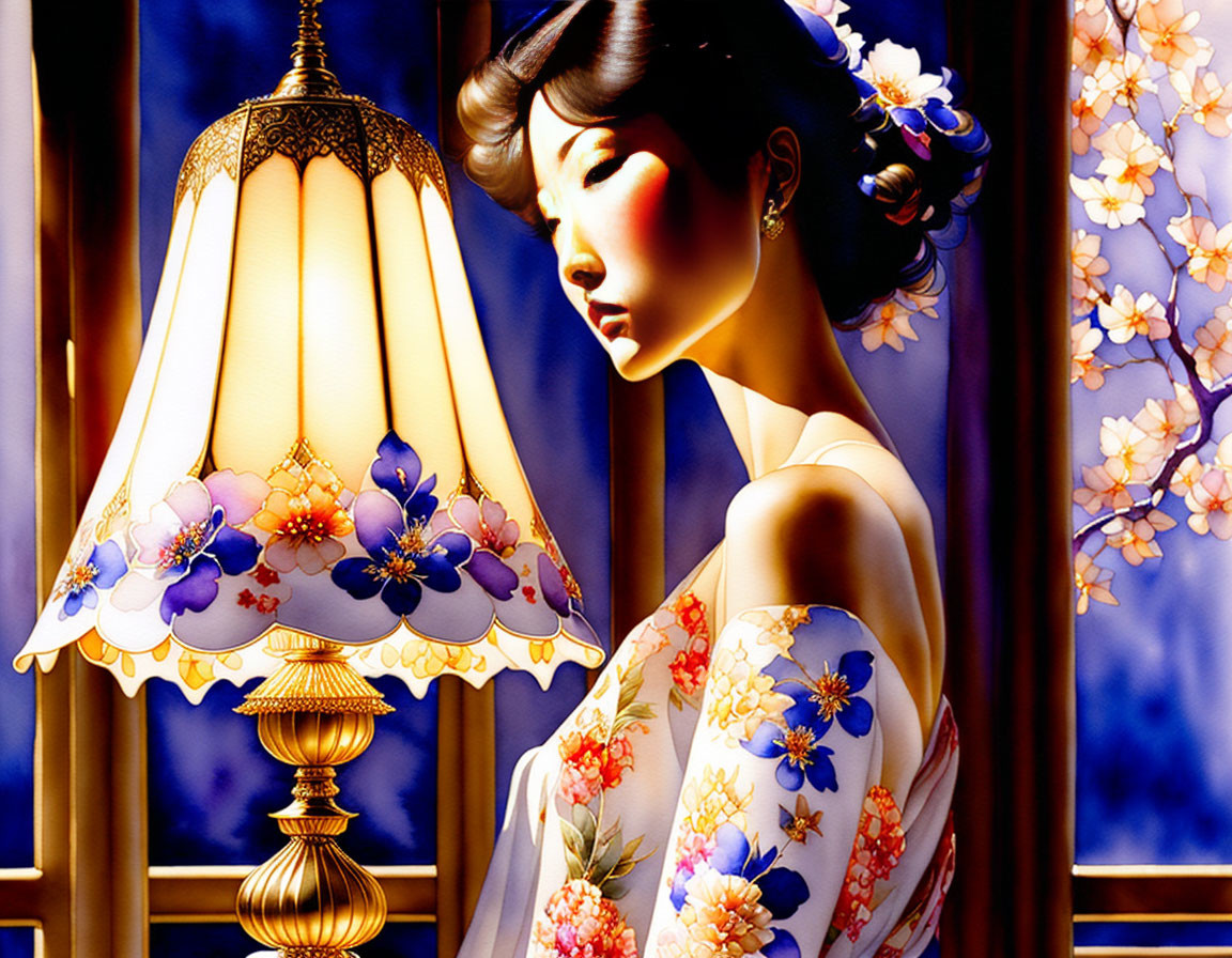 Illustration: Woman in floral kimono by lamp with cherry blossoms through window