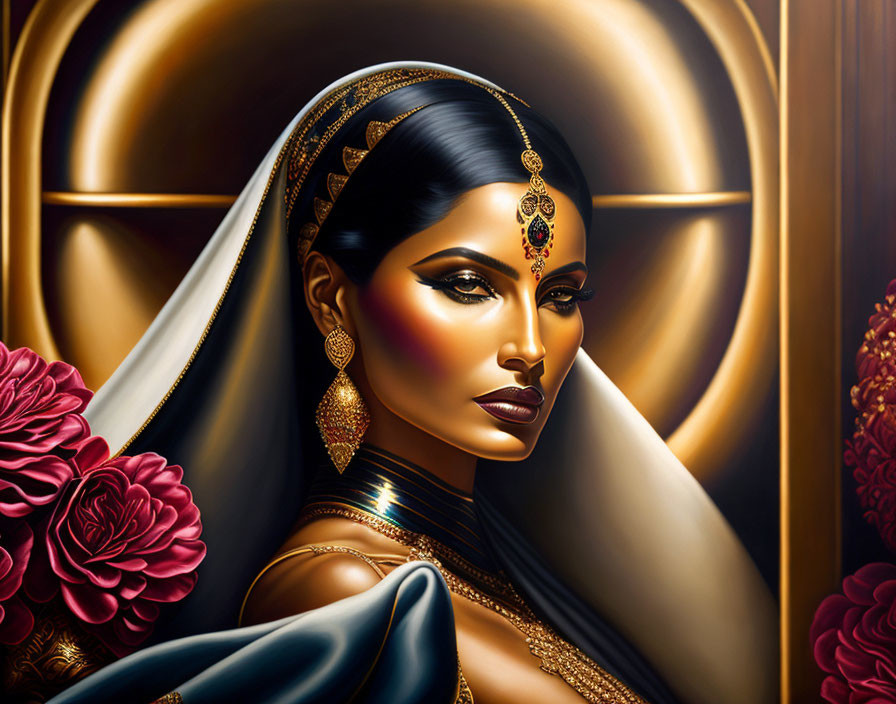 Illustrated portrait of woman in traditional Indian attire with golden backdrop & pink flowers