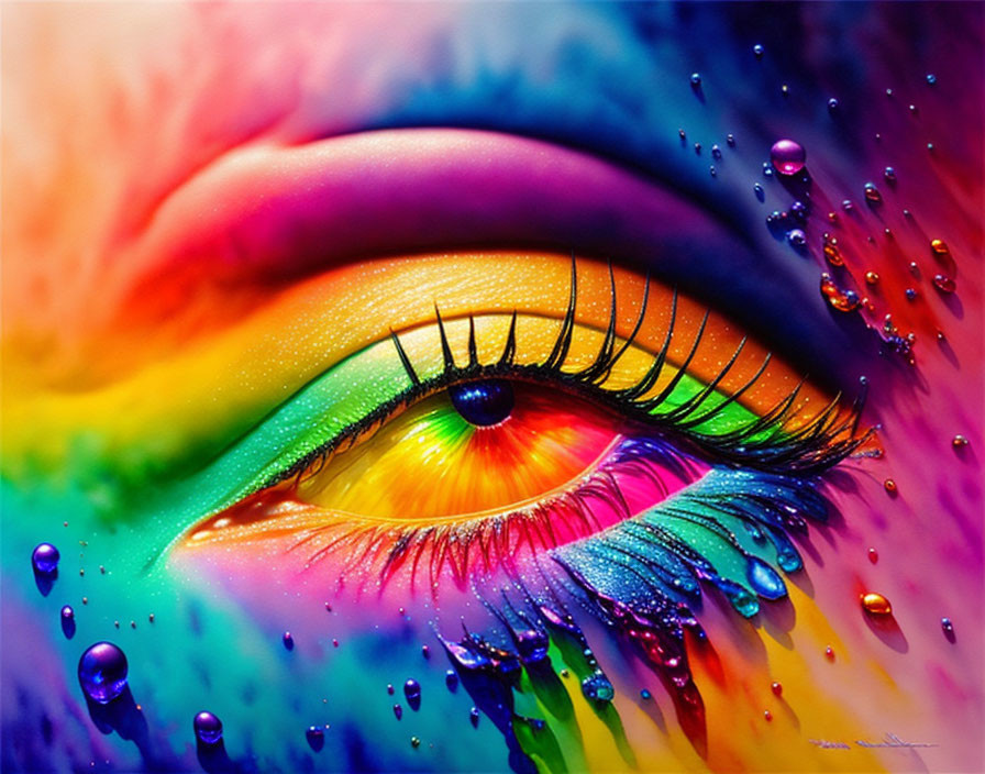 Close-up of eye with rainbow eyeshadow and water droplets