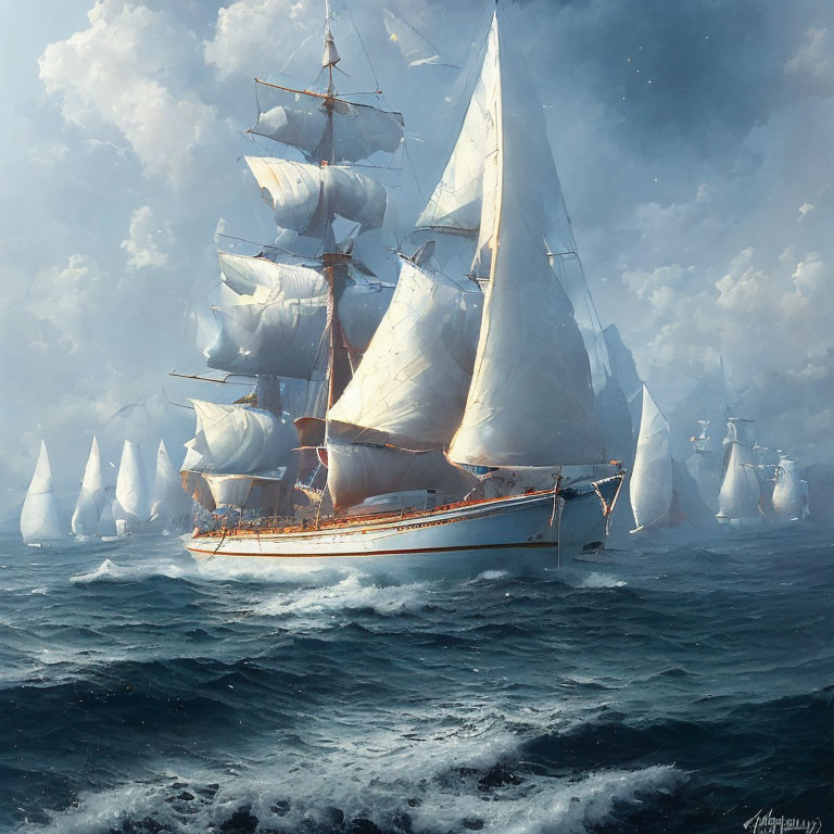 Sailing ship with white sails in choppy seas among fleet under cloudy sky