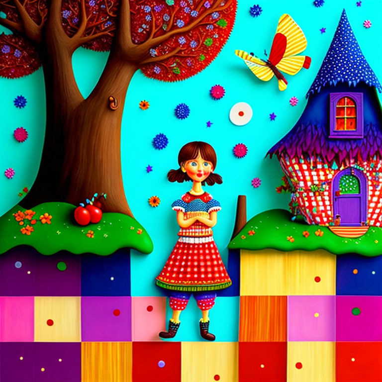 Vibrant illustration of girl in red dress on patchwork path with whimsical tree and colorful house