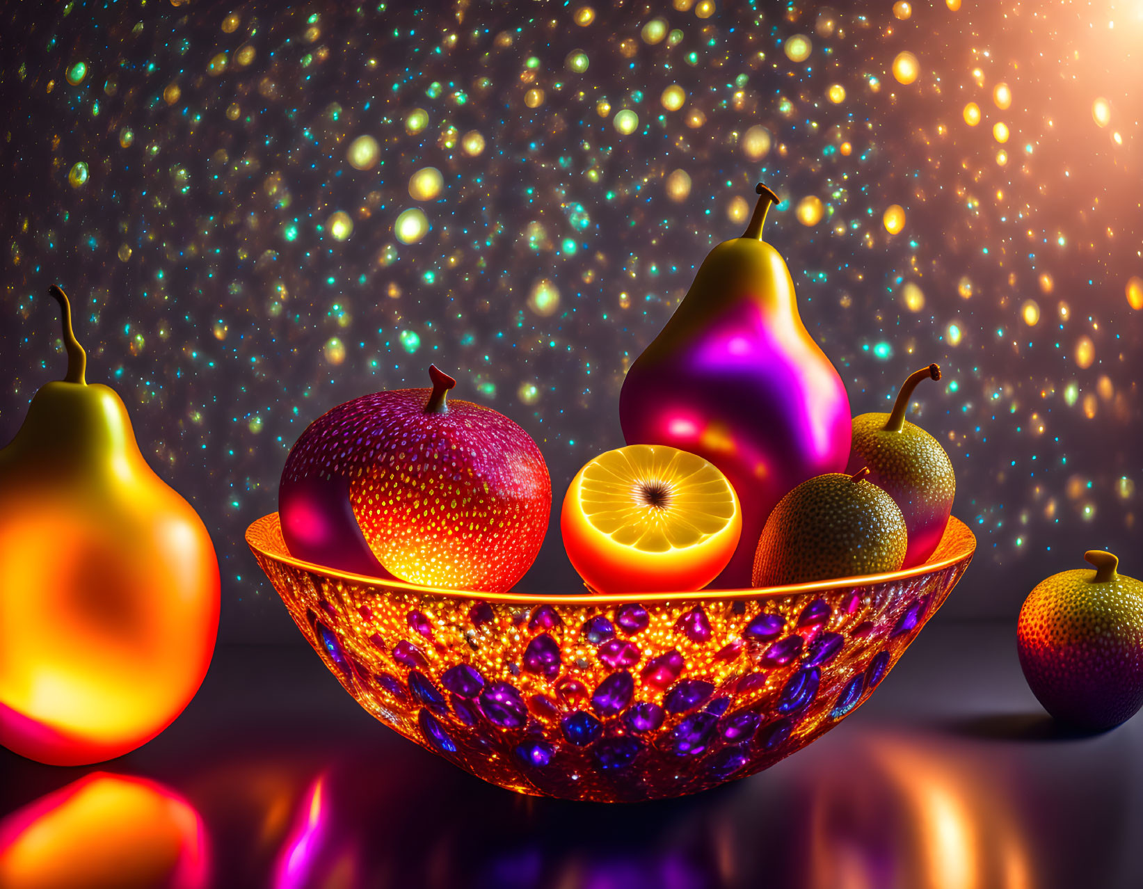 Colorful still life with glowing bowl and luminescent fruit on starry backdrop