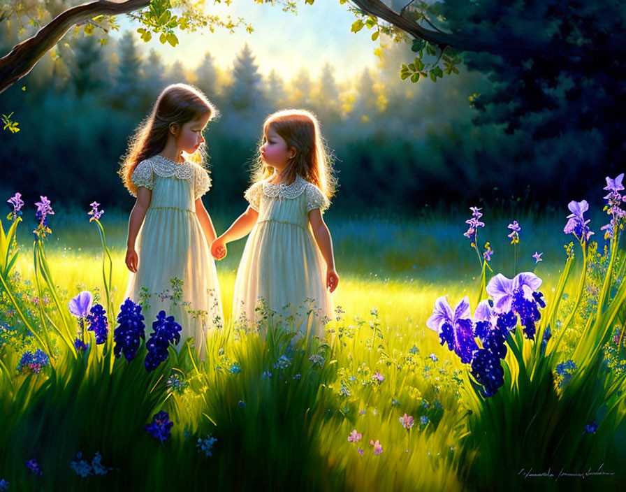 Two Young Girls in White Dresses in Vibrant Flower-Filled Meadow