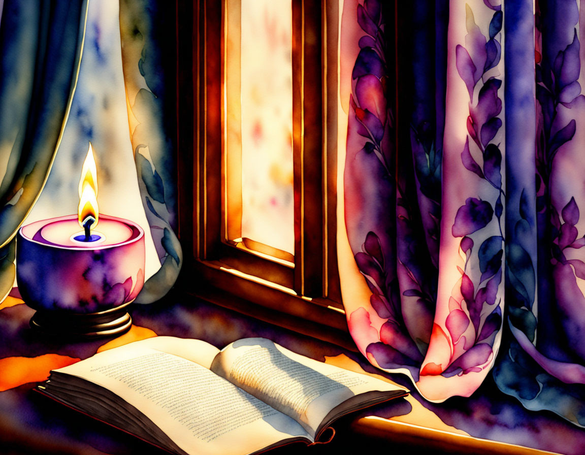 Illustration of open book, lit candle, colorful curtains, sunlit window