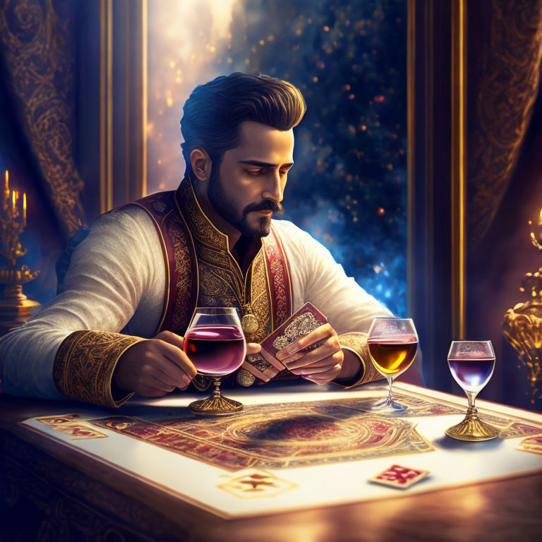 Bearded man in opulent room with cards and wine glasses under fireworks view