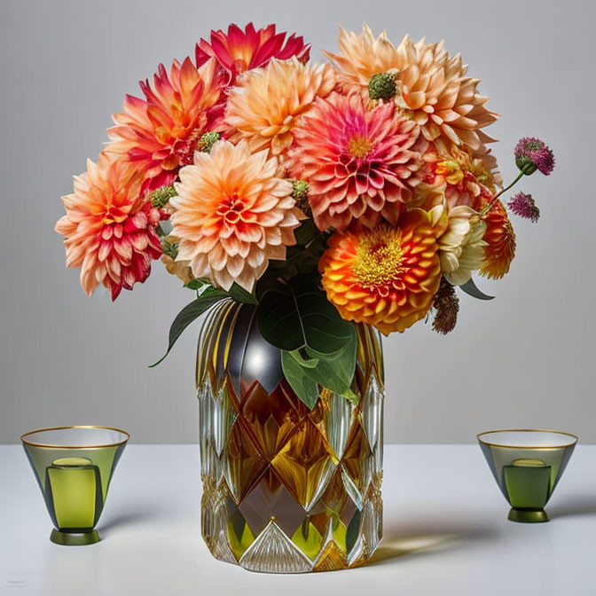 Colorful orange and pink dahlias in geometric vase with green candle holders