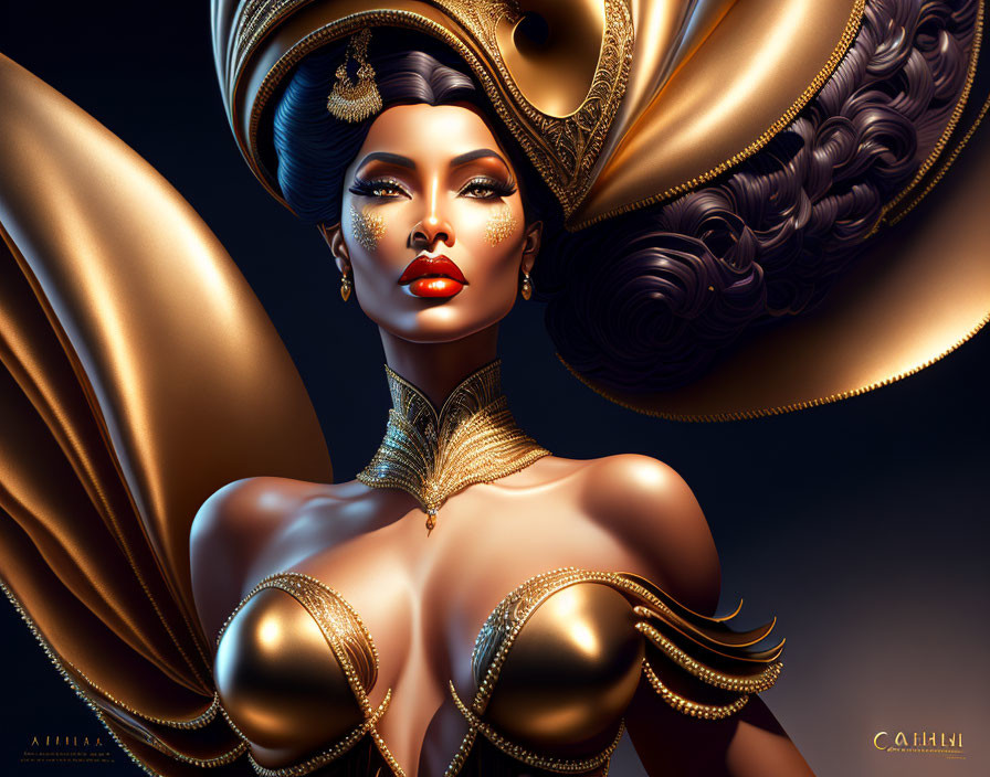 Digital artwork: Elegant woman with dark hair and golden headdress on dark background