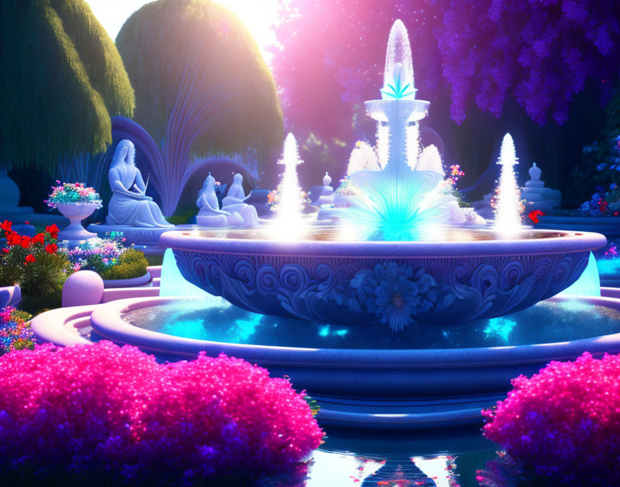 Illuminated garden with whimsical fountain centerpiece