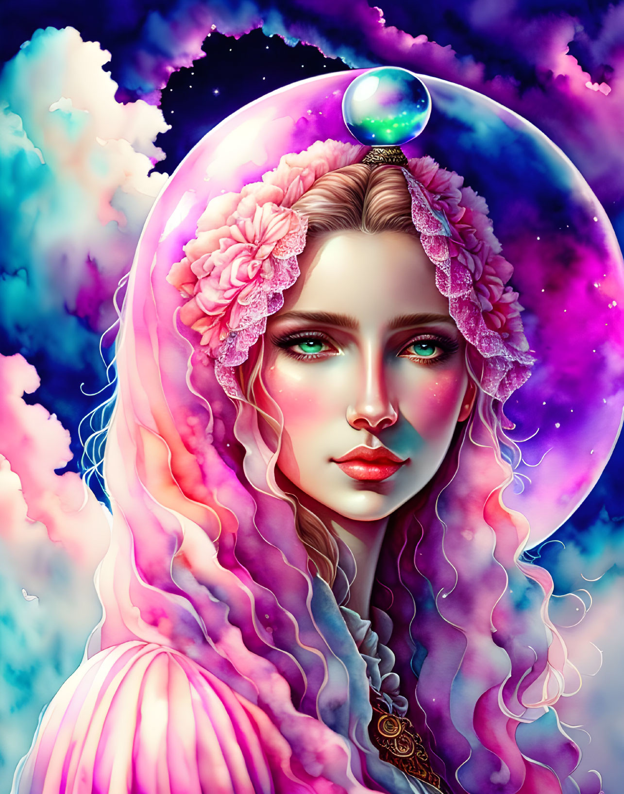 Colorful woman with pink hair, roses, orb, crescent moon, and cosmic clouds.