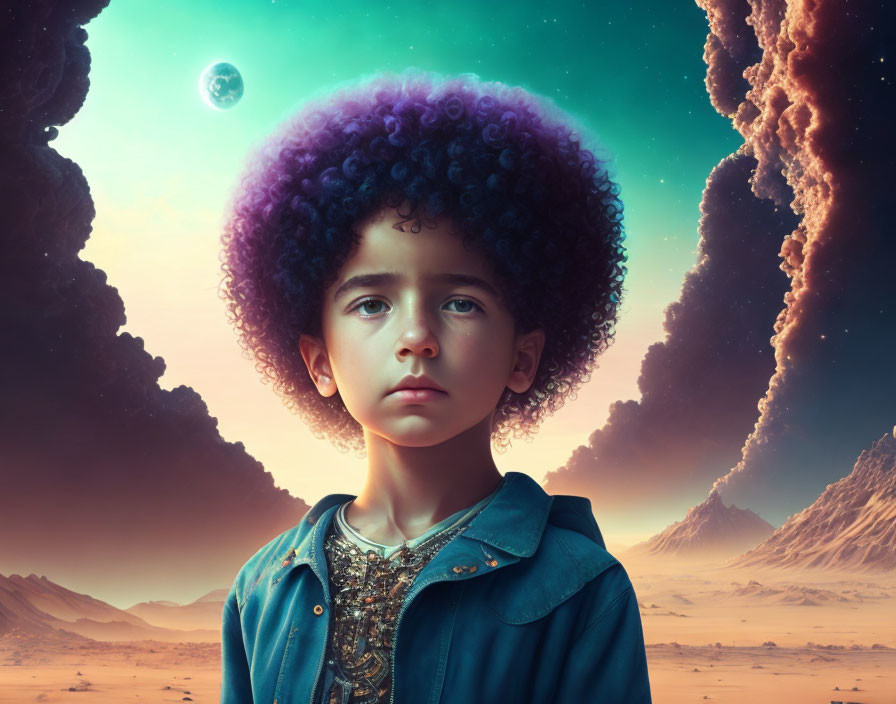 Child with Voluminous Curly Afro in Cosmic Fantasy Scene