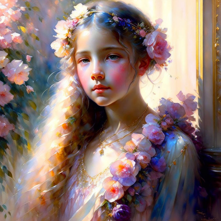 Young girl with floral crown in dreamy setting with pastel flowers and golden jewelry.