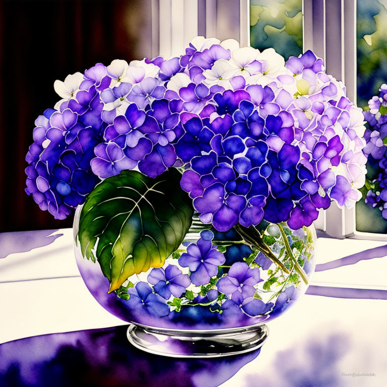 Colorful painting of purple hydrangeas in glass vase by window