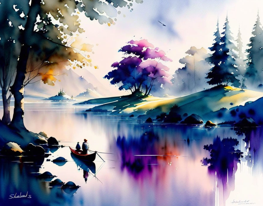 Colorful Watercolor Painting of Serene Lake Scene at Dusk or Dawn