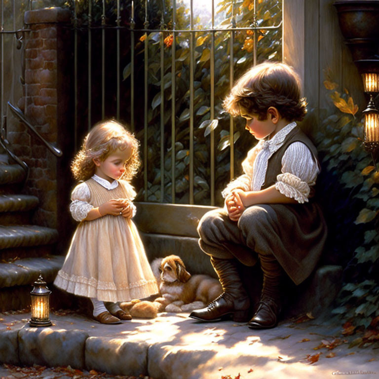 Children, puppy, autumn leaves, gate, sunlight, lantern in serene outdoor scene