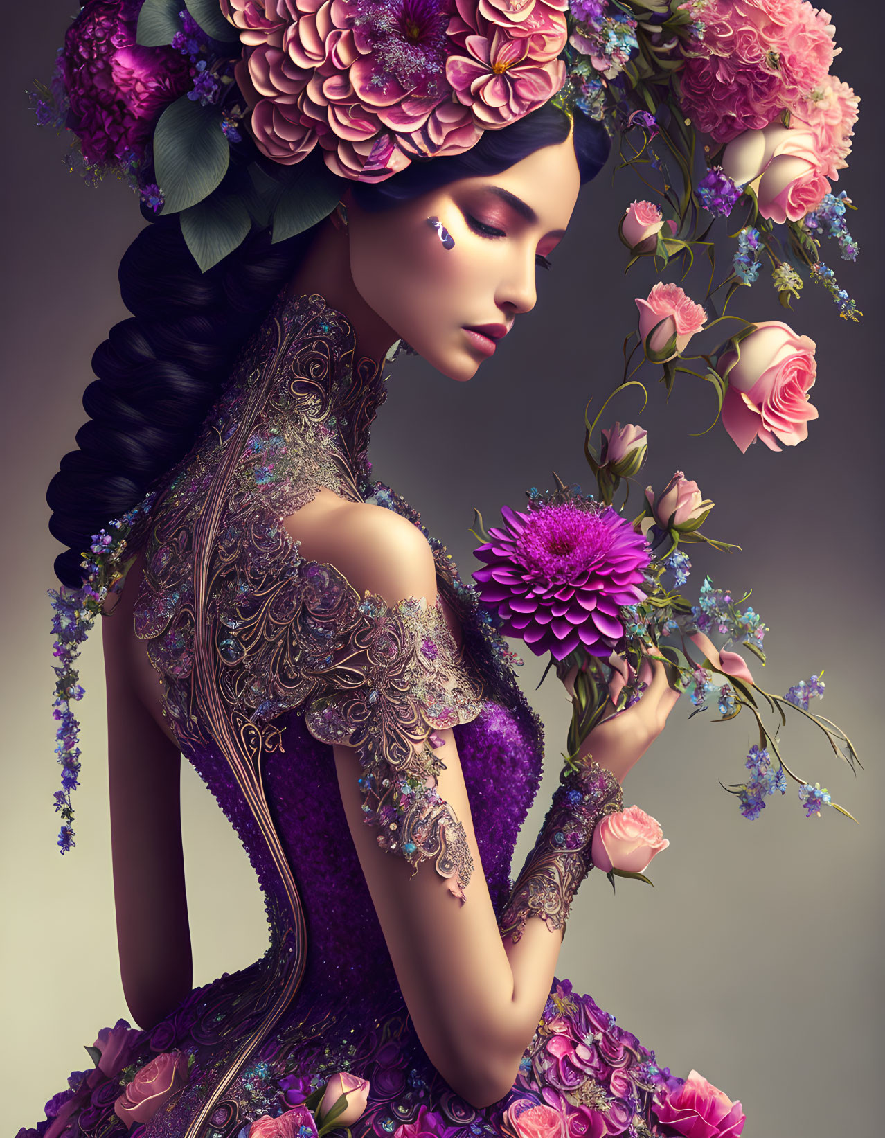 Detailed Purple Dress with Floral Adornments on Woman Illustration