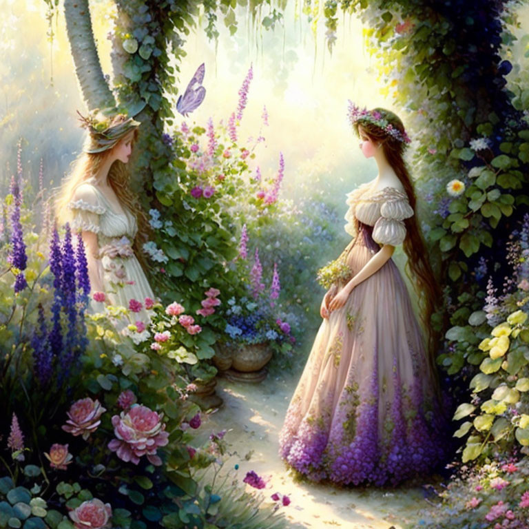 Two women in long dresses with floral crowns in sunlit garden with vibrant flowers and butterfly.