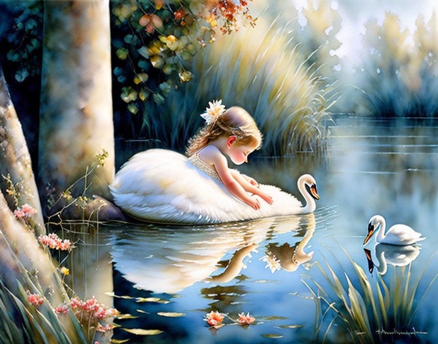 Girl with Swan Body on Serene Lake Interacts with Two Swans amid Reflective Water and L