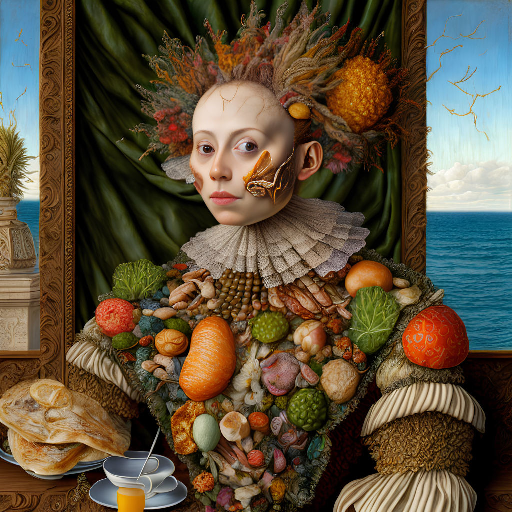 Surreal portrait featuring figure with pale face amid fruits, vegetables, bread, and butterfly against sea