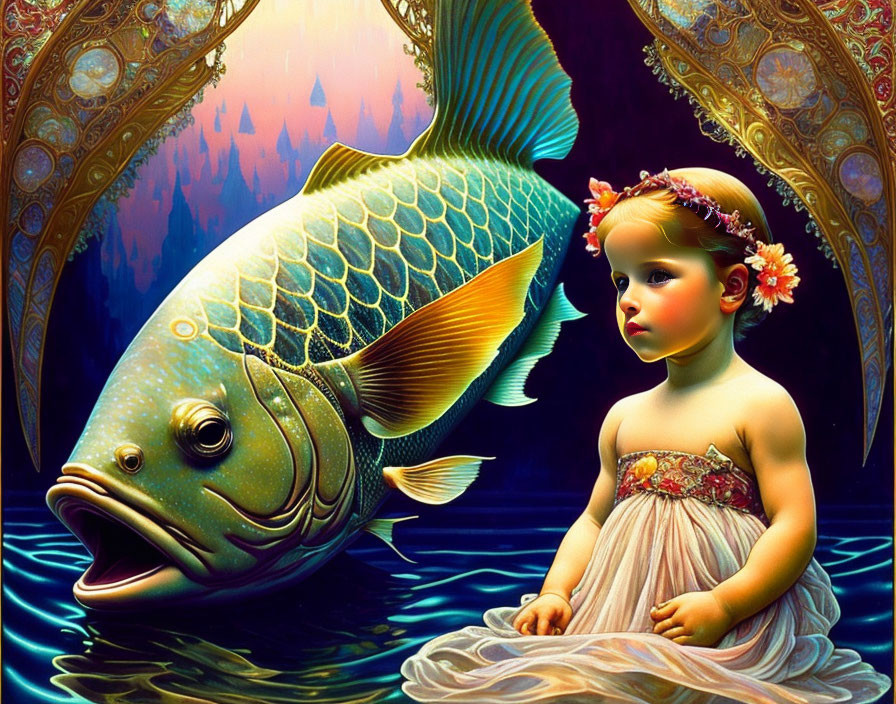 Young girl in floral dress beside fantastical fish in surreal underwater scene