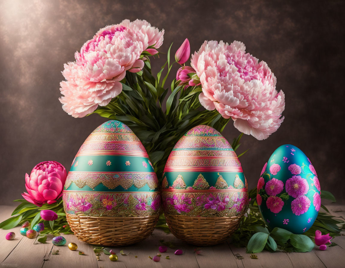 Ornate Easter Eggs and Pink Peonies Still Life