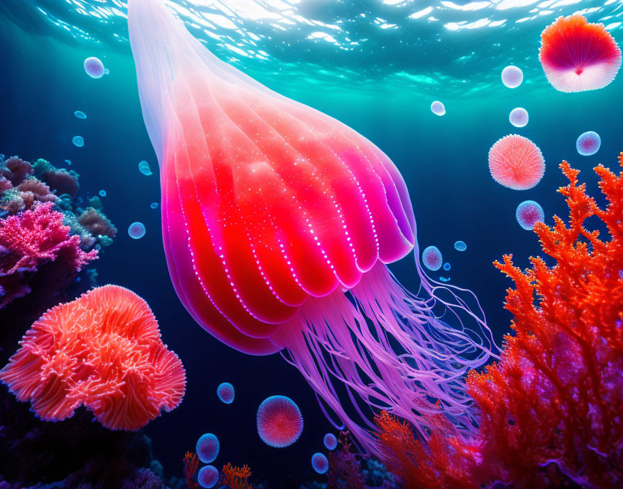 Colorful Underwater Scene with Pink Jellyfish and Coral