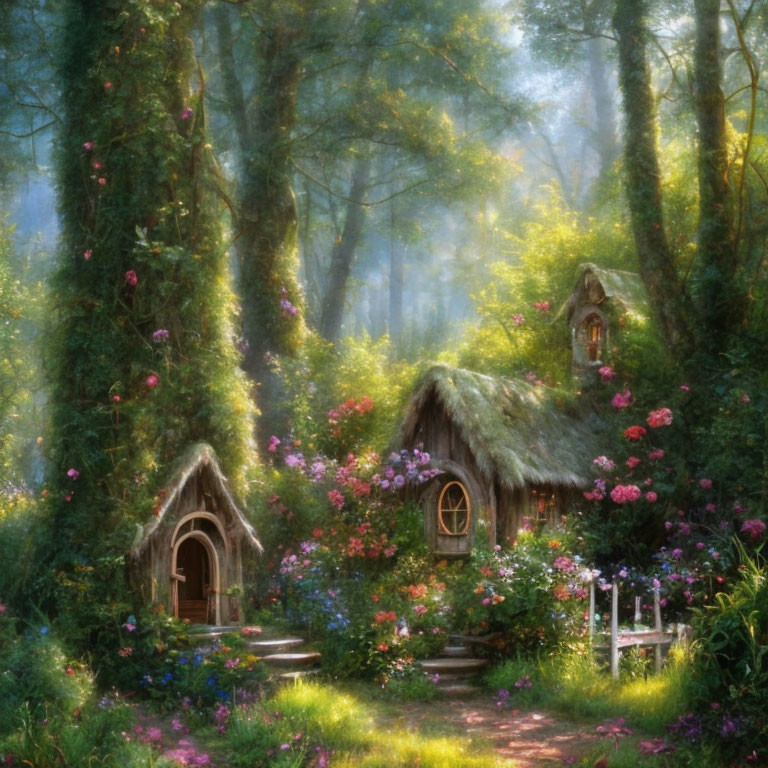 Whimsical cottages in enchanting woodland with colorful flowers