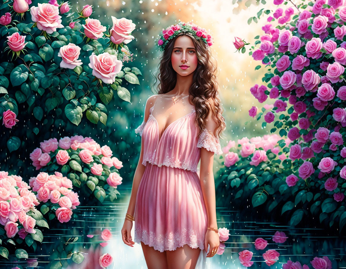 Woman in Pink Dress with Floral Crown Surrounded by Blooming Roses