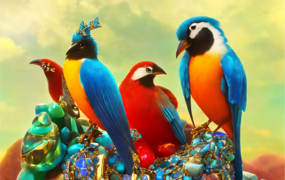 Colorful anthropomorphic birds with royal jewels in a treasure-filled setting under a dreamy sky.