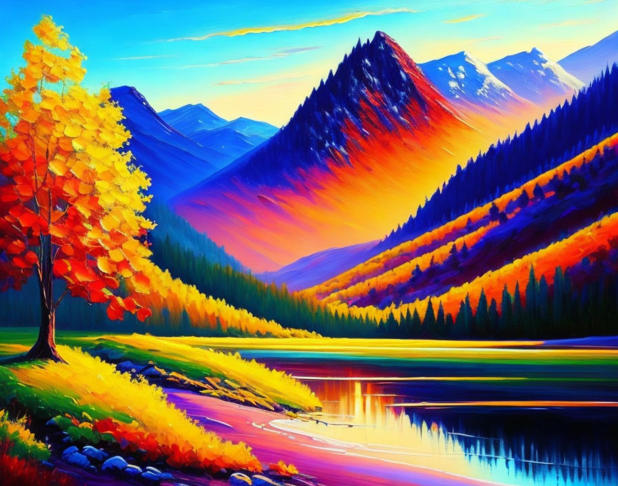 Colorful autumn landscape painting with lake, mountains, and sunset sky