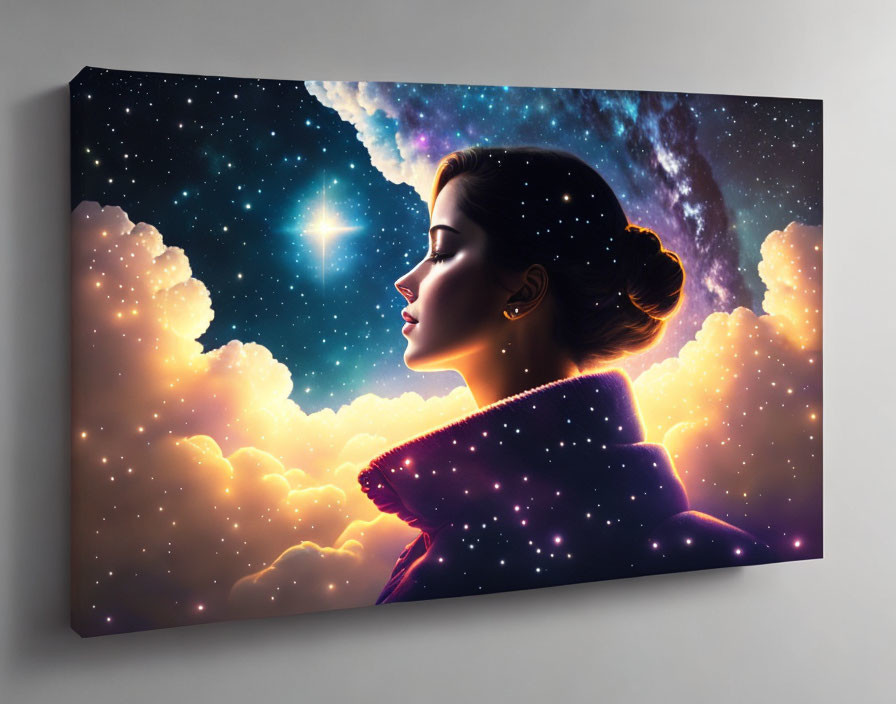 Woman in profile with cosmic background canvas print.