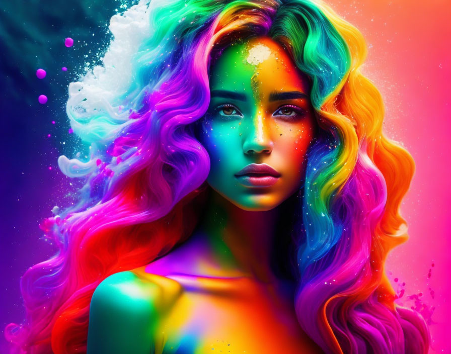 Colorful portrait of woman with multicolored hair and makeup on abstract background