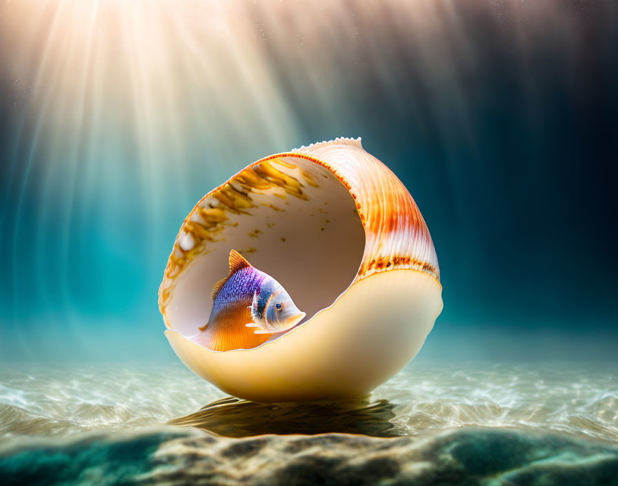 Colorful Fish Peeks from Seashell on Sandy Seabed