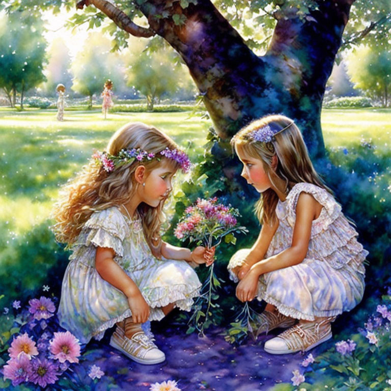 Young girls in white dresses with floral headbands sitting under a tree in a sunny park.