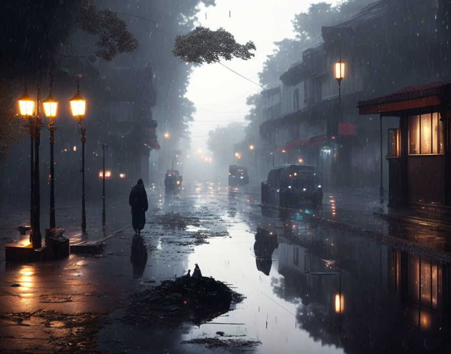 Person walking on wet street under rain with illuminated lamps and vehicle headlights.