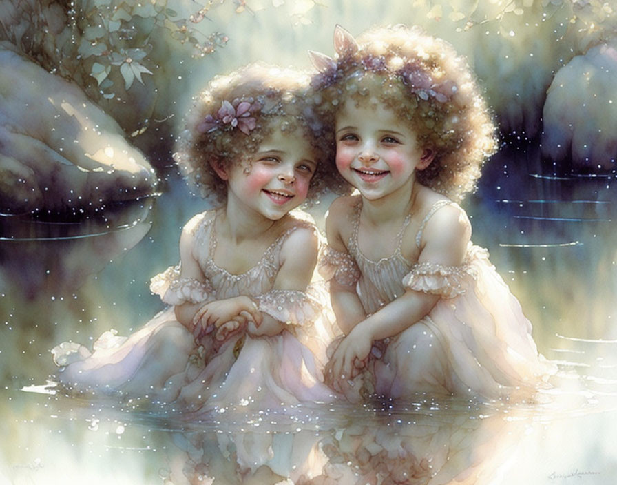 Two girls in floral crowns and frilly dresses by serene pond in soft light.