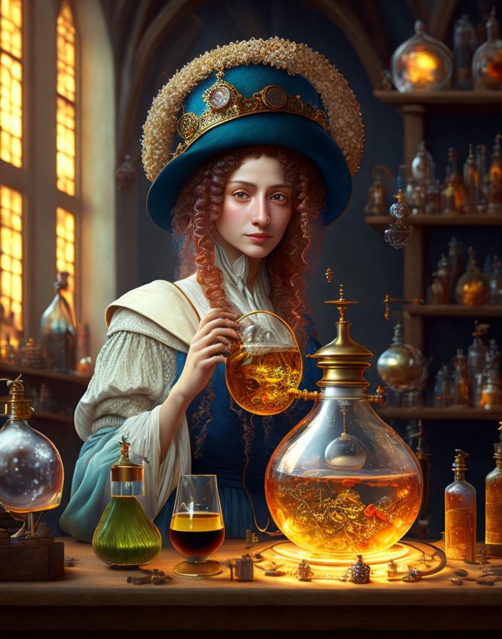 Historical woman with glowing liquid in alchemist's workshop