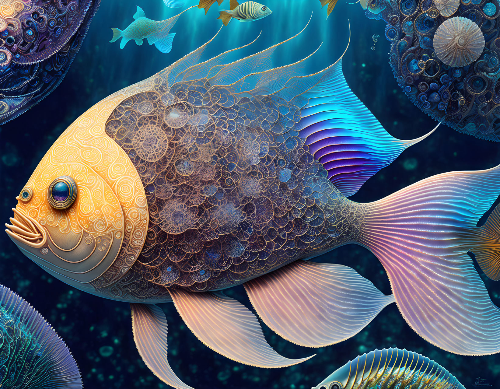 Golden Fish Swimming in Vibrant Fantasy Underwater Scene