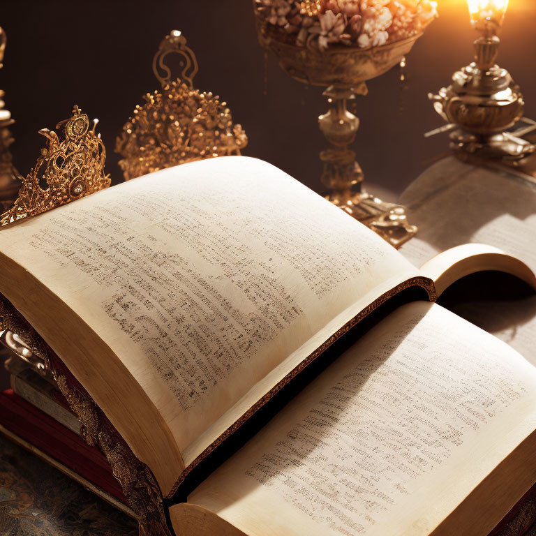 Ancient open book with elegant script, ornate lamps, crown, and quills create regal