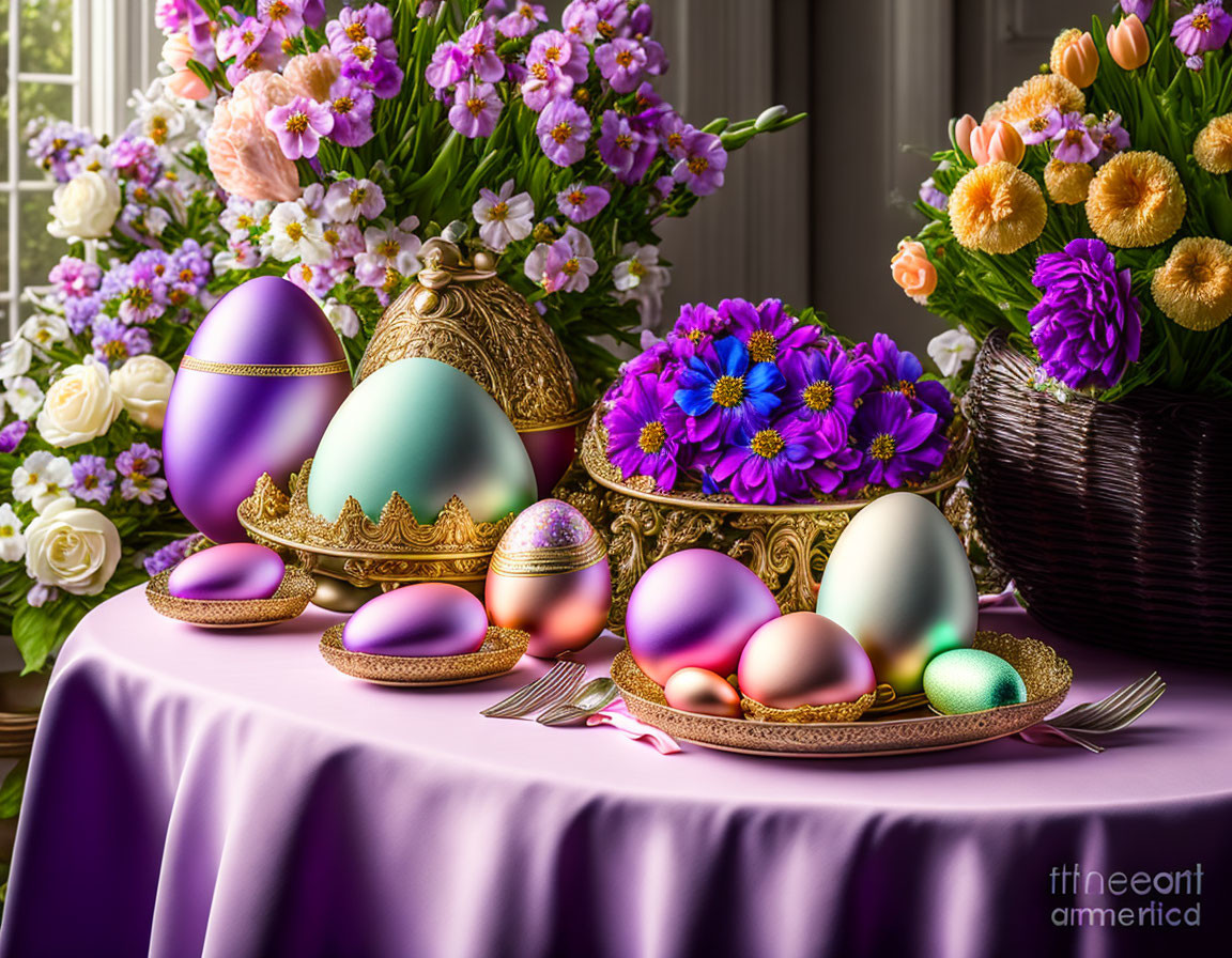 Colorful Easter eggs and spring flowers by window display.